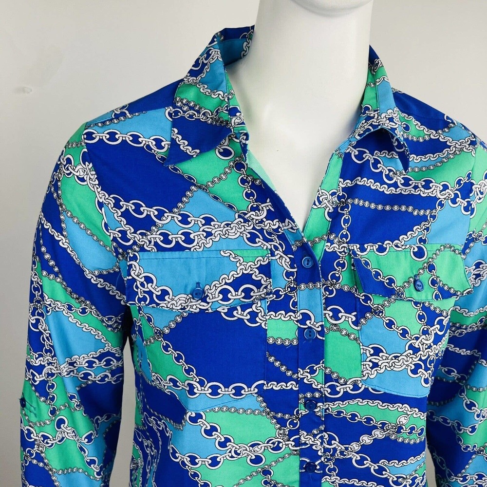 Notations Career Womans Sz Petite XL Blouse Long Sleeve Top Blue Chain - Picture 3 of 8